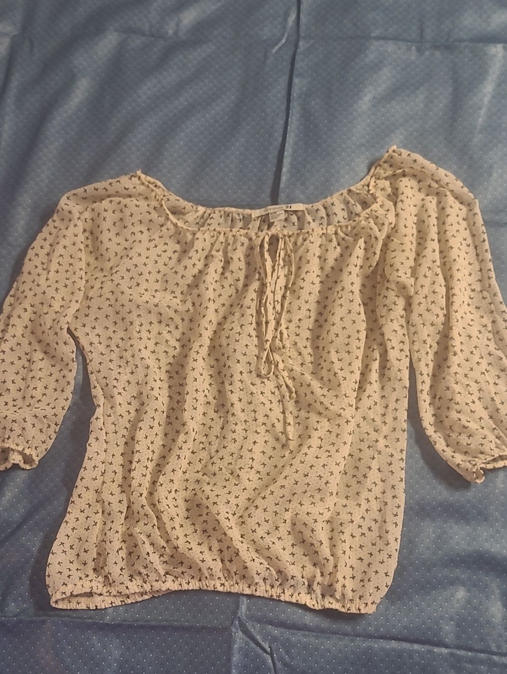 Forever 21 Cream Peasant Blouse with Tiny Black Bow Print